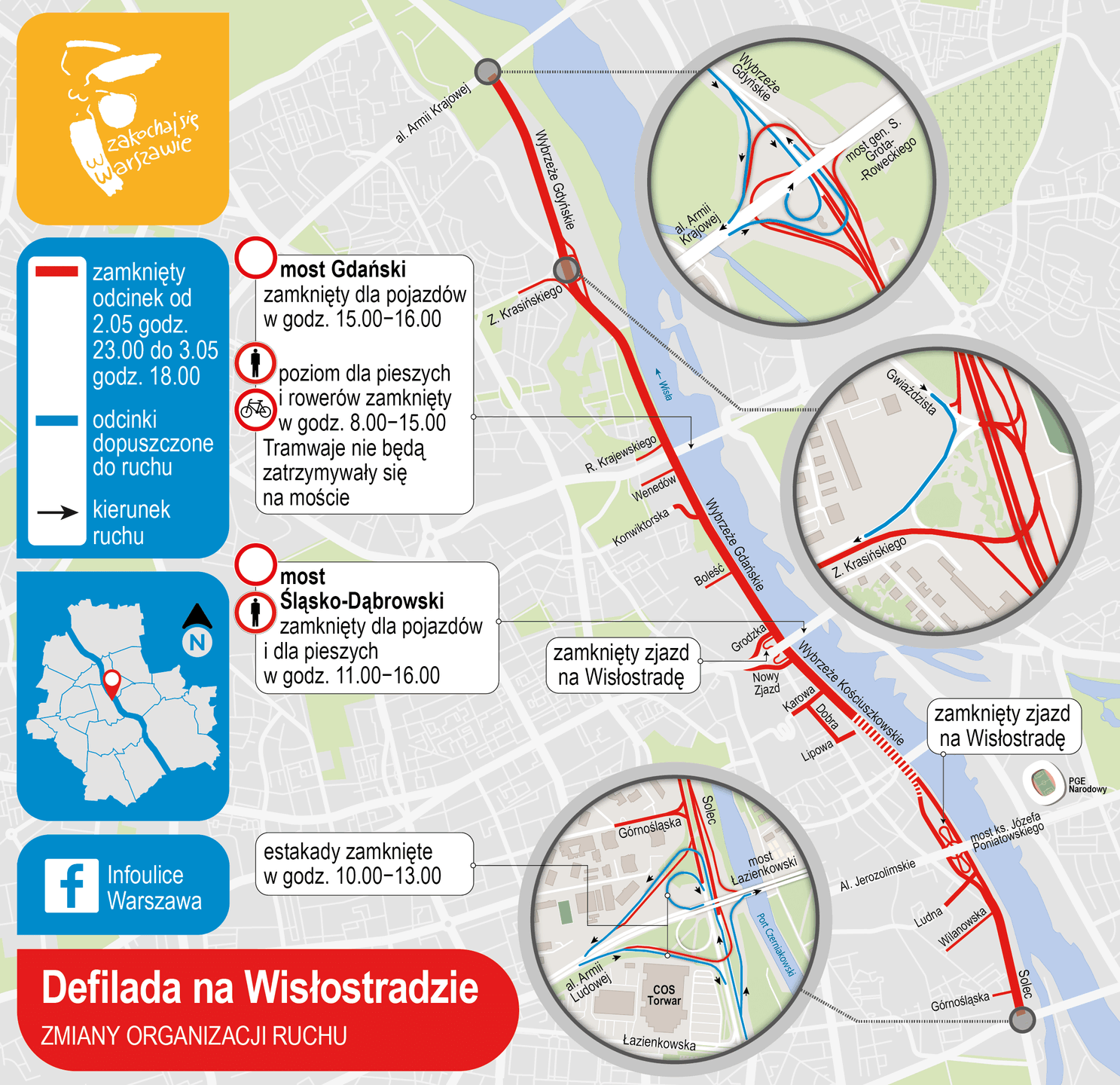 Defilada 3 maja - mapa utrudnień. 