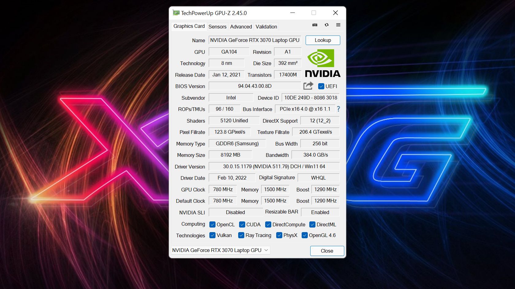 szczegóły mobilnej karty GeForce RTX 3070 z TGP 125