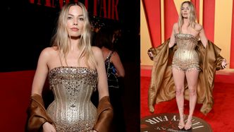 Margot Robbie chwali się talią osy, pozując na imprezie "Vanity Fair" w ZŁOTEJ ZBROI (ZDJĘCIA)