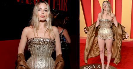 Margot Robbie chwali się talią osy, pozując na imprezie "Vanity Fair" w ZŁOTEJ ZBROI (ZDJĘCIA)