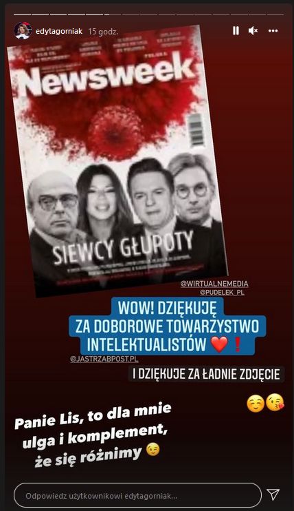 Edyta Górniak "dziękuje" Tomaszowi Lisowi za okładkę