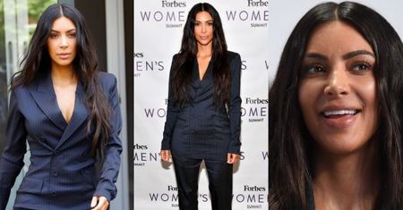 Elegancka Kim Kardashian w garniturze na imprezie "Forbesa" (ZDJĘCIA)