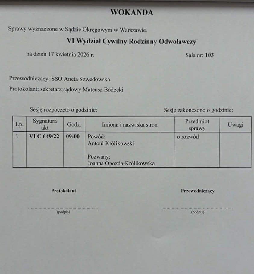 Rozprawa rozwodowa Joanny Opozdy i Antoniego Królikowskiego