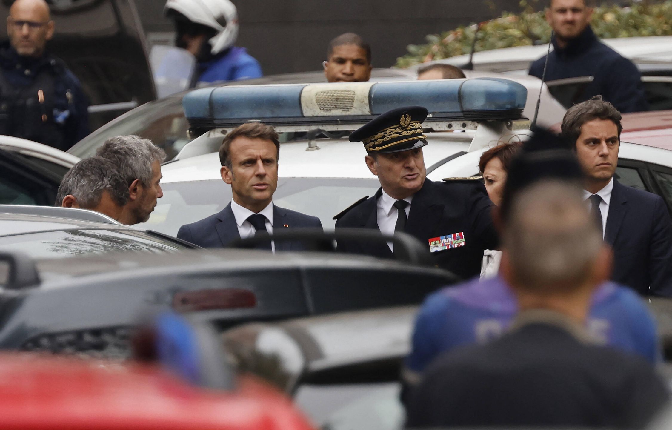 President Macron Goes To Arras After The Attack In A High School
French President Emmanuel Macron (C-L) and French National Education Minister Gabriel Attal (R) arrive at the Gambetta high school in Arras, northeastern France on October 13, 2023, after a teacher was killed and two other people severely wounded in a knife attack, police and regional officials said. The perpetrator has been detained by police, Interior Minister Gerald Darmanin wrote on X, formerly Twitter. Photo by Ludovic MARIN/POOL/ABACAPRESS.COM 
Dostawca: PAP/Abaca
Marin Ludovic/Pool/ABACA
Attentat, Education, Landscape, Police, Police officer, Police officers, Policeman, Policemen, Terror Attack, Terrorism