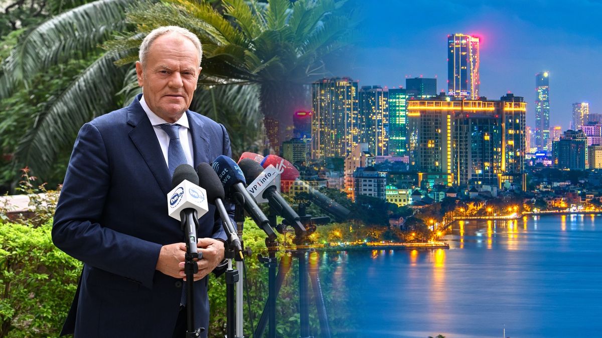 Po lewej Donald Tusk podczas konferencji prasowej w Hanoi. Po prawej panorama Hanoi