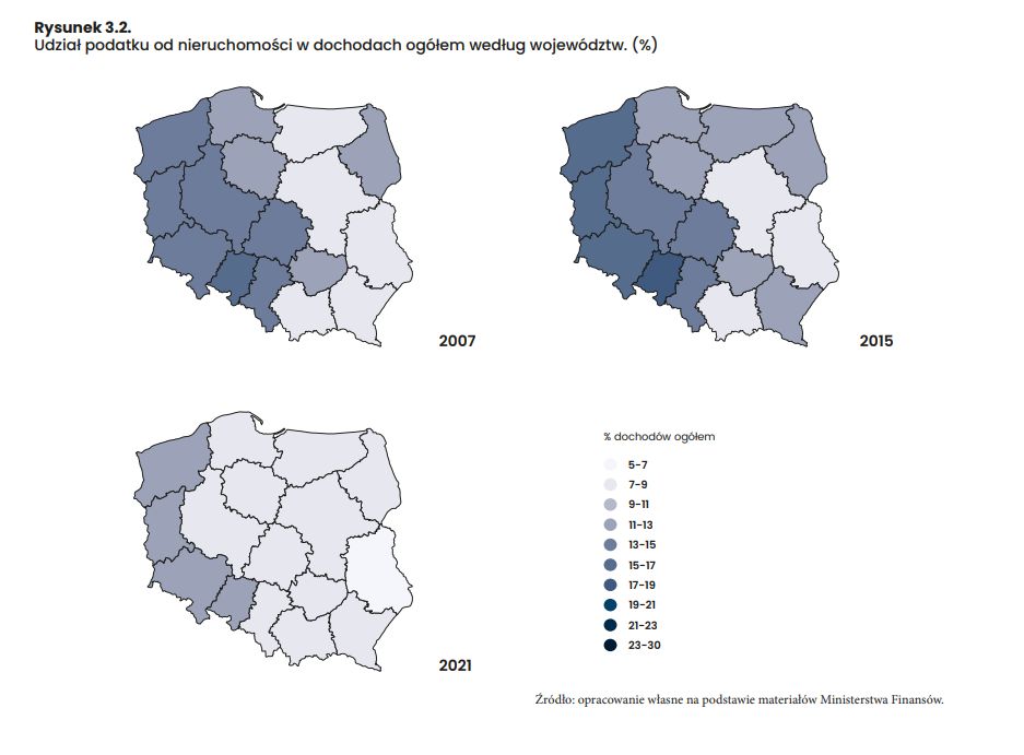 Udział podatku od nieruchomości w dochodach ogółem według województw