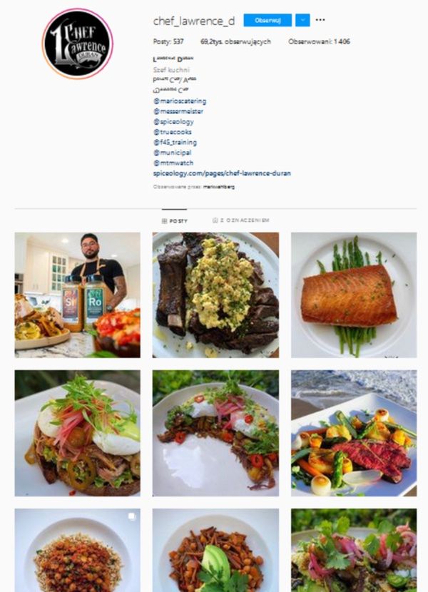 Profil na Instagramie szefa kuchni, który szykuje Markowi posiłki