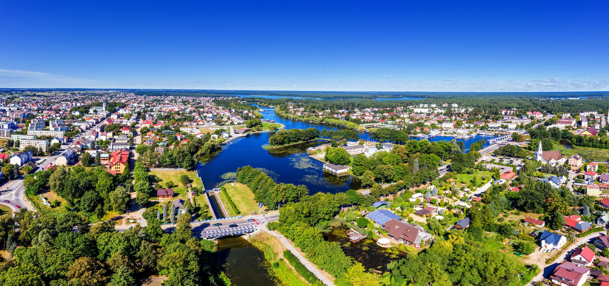 augustów, city, aerial, drone, summer, river, canal, poland, podlasie, landscape, sky, blue