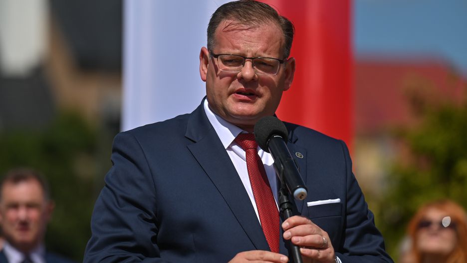 Jan Jozef Kasprzyk, Head of the Office for War Veterans and Victims of Oppression, seen during the 108th anniversary of the establishment and march of the First Cadre Company (Polish: Pierwsza Kompania Kadrowa), in Miechow.
The First Cadre Company (around 150 soldiers) marched from Krakow to Michalowice on 6 August 1914 overthrowing Russian border posts. 
After taking the town of Kielce and an unsuccessful attempt to break through to Warsaw in order to provoke an uprising, the First Cadre Company returned to Krakow, becoming the nucleus of the Polish Legions.
On Sunday, August 7, 2022, in Miechow, Lesser Poland Voivodeship, Poland. (Photo by Artur Widak/NurPhoto via Getty Images)