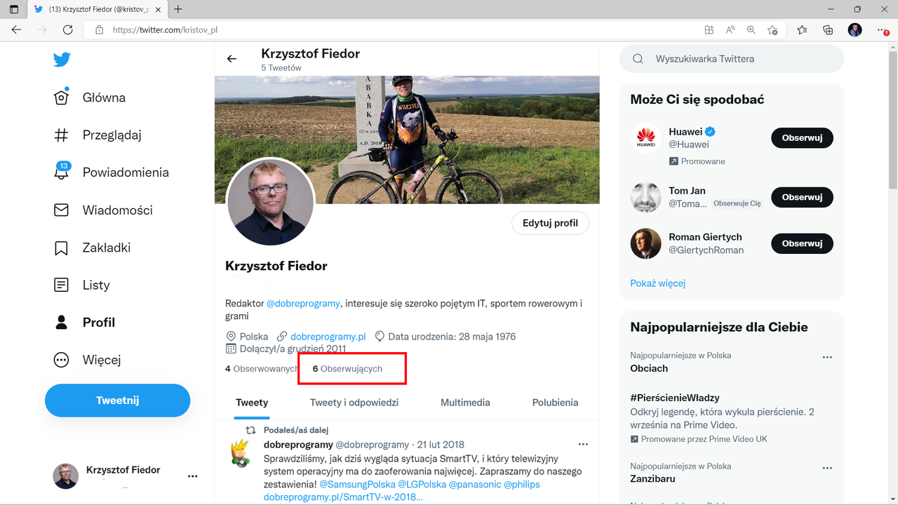 Twitter: odnajdujemy liczbę obserwujących, element jest klikalny