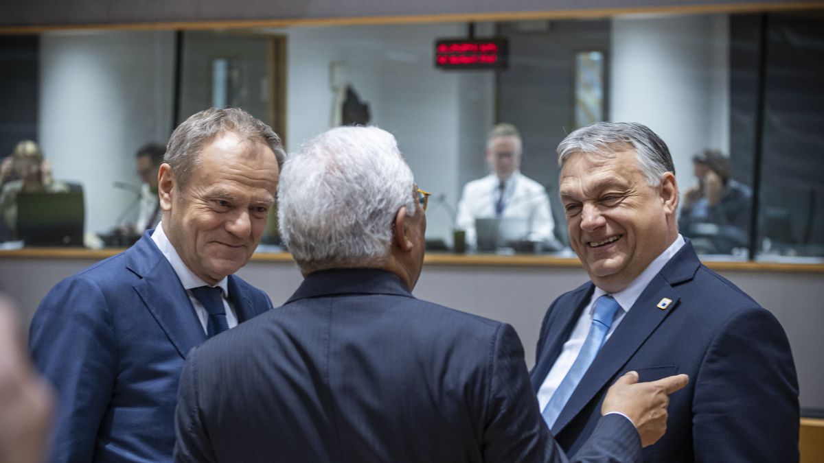 Prime Minister of Poland Donald Tusk talks with Prime Minister of Hungary Viktor Orban and Prime Minister of Portugal Antonio Costa before the round table session on the second of the European Council summit at the EU headquarters. Leaders discussed during the meeting Russia's aggression against Ukraine and the Middle East conflict situation while they focused also on security and defense, emphasizing in Europe's need to enhance overall readiness. The bloc discussions span military support for Ukraine, external relations, migration, agriculture, regional conflicts, EU enlargement process. The day marked the celebration for the 30th anniversary of the EEA European Economic Area of the 30 countries participating. Polish PM warned recently that war is a real threat and Europe is in a pre-war era and not ready. EUCO in Brussels, Belgium on March 22, 2024 (Photo by Nicolas Economou/NurPhoto via Getty Images)