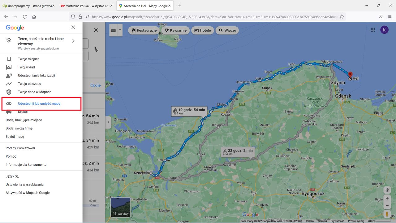 Google Maps: wybieramy udostępnij lub umieść mapę