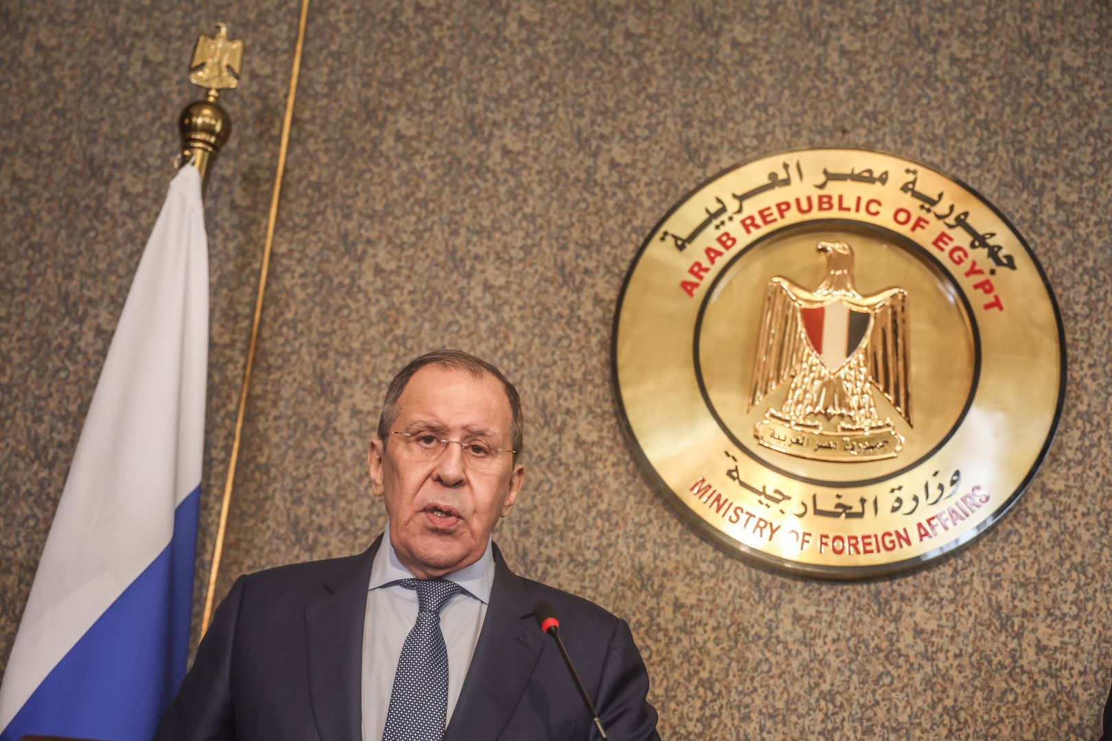 CAIRO, EGYPT - JULY 24: Russian Foreign Minister Sergei Lavrov and his Egyptian counterpart Sameh Hassan Shoukry (not seen) hold joint press conference after their meeting in Cairo, Egypt on June 24, 2022. (Photo by Mohamed Abdel Hamid/Anadolu Agency via Getty Images)