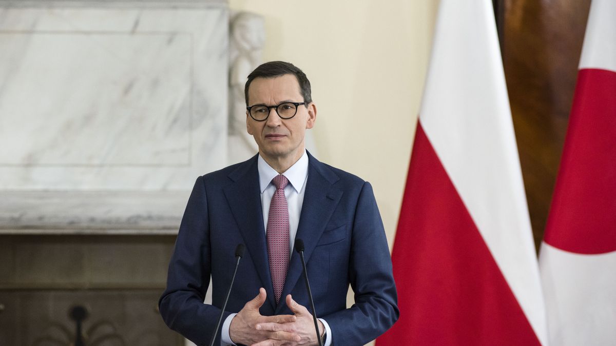 WARSAW, MAZOWIECKIE, POLAND - 2023/03/22: Polish Prime Minister Mateusz Morawiecki is seen during the meeting with Fumio Kishida (not in view) in Warsaw. In Warsaw, Japanese Prime Minister Fumio Kishida met with Polands Prime Minister for talks about the regions security and bilateral relations a day after he made a surprise visit to Kyiv. (Photo by Attila Husejnow/SOPA Images/LightRocket via Getty Images)