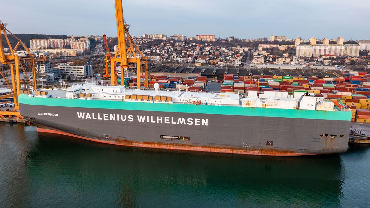 GDYNIA PORT, GDYNIA, POMERANIA, POLAND - 2017/09/14: (EDITORS NOTE: Image taken with a drone) 
An aerial view of the ARC Defender vessel at the Baltic Container Terminal in Gdynia.
The US Army transports military equipment from Poland to the United States after being deployed for 9 months. It is the long-term rotation of the equipment. Another unit arrives to train together with the troops of Great Britain, Croatia and Romania as part of joint military maneuvers in Poland and in some parts of Europe. (Photo by Mateusz Slodkowski/SOPA Images/LightRocket via Getty Images)