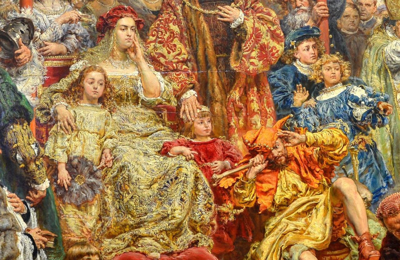 Jan Matejko, Zawieszenie dzwonu Zygmunta (fragment, na którym widoczna jest królowa Bona)

