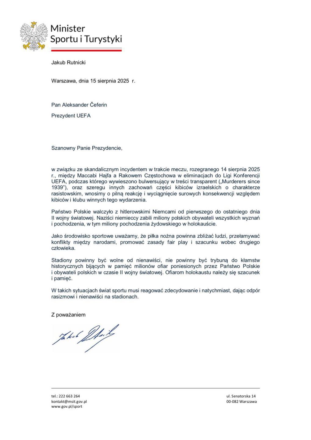 Pismo ministra sportu do prezydenta UEFA