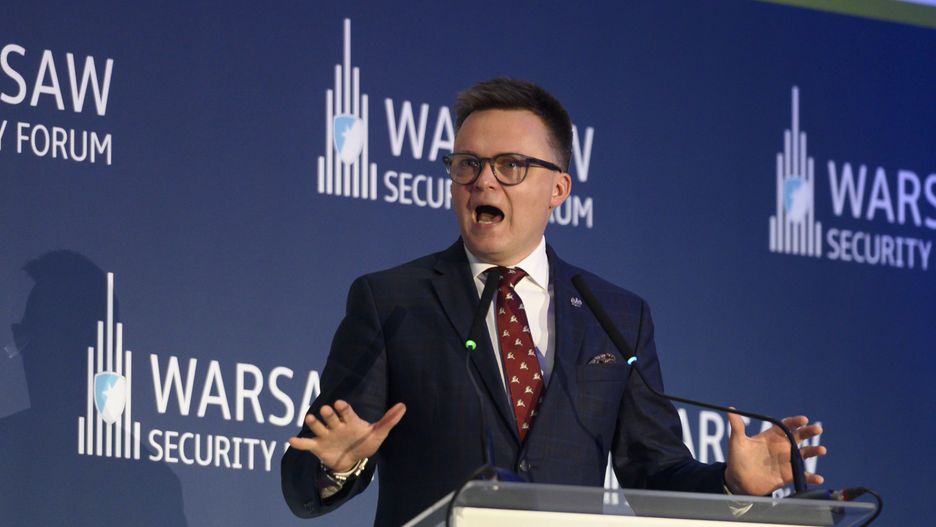 Speaker of the Lower House of Parliament (Sejm) Szymon Holownia speaks during the Warsaw Security Forum 2024 in Warsaw, Poland on October 1, 2024. WSF2024, entitled 'Ensuring Security, Responding to Challenges,' marks the 25th anniversary of Poland's accession to NATO. The forum will run until 02 October. (Photo by Aleksander Kalka/NurPhoto via Getty Images)