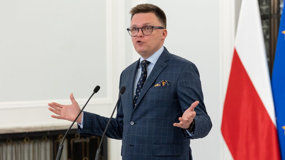 Marshal of the Sejm Szymon Holownia is speaking at a press conference in Warsaw, Poland, on February 20, 2024. (Photo by Foto Olimpik/NurPhoto via Getty Images)