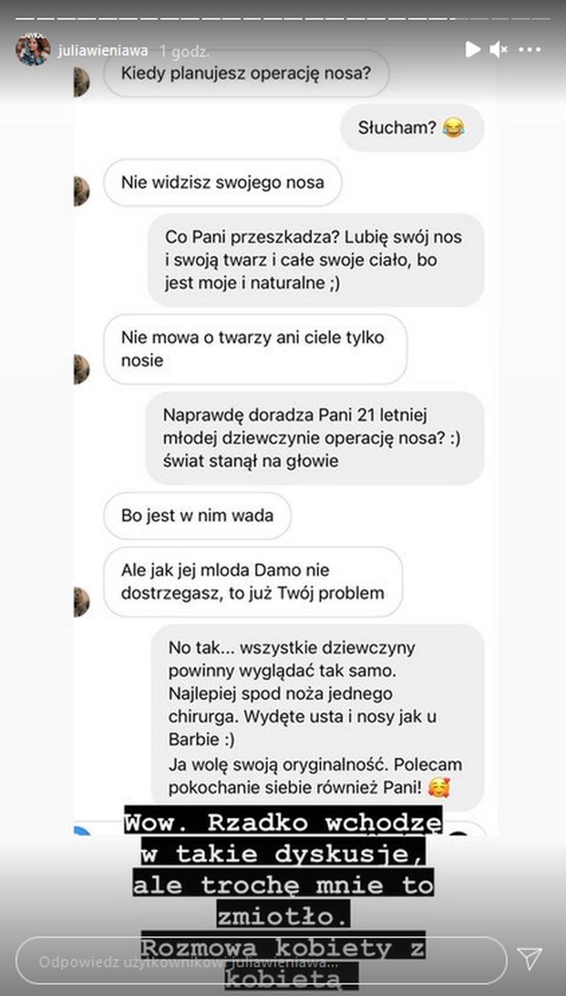 Julia Wieniawa mierzy się z krytyką nosa