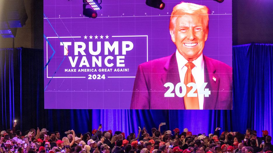 Supporters of Republican presidential candidate Donald Trump react to results of US 2024 presidential elections during the Election Night watch party in the West Palm Beach Convention Center in West Palm Beach, Florida, USA, 06 November 2024. EPA/CRISTOBAL HERRERA-ULASHKEVICH Dostawca: PAP/EPA.