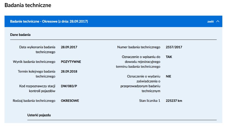 Informacje o badaniach technicznych.