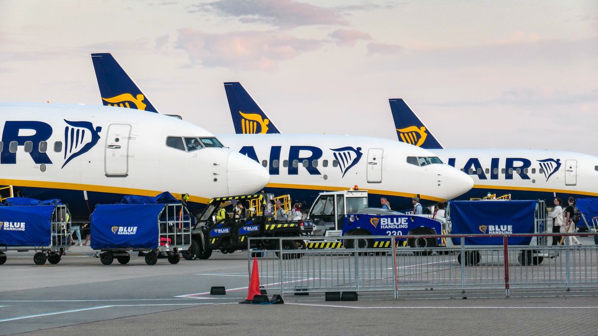 Batch of Ryanair airplanes as seen early morning on one of the airline largest hub, parked on the tarmac of London Stansted International Airport STN EGSS in England, UK. Ryanair RYR FR is a European Low Cost Carrier using only Boeing 737-800 aircraft. The budget airline has an order of new 737MAX but for the moment they are grounded resulting delays, rescheduling and cancelation of seasonal summer holiday destinations. (Photo by Nicolas Economou/NurPhoto via Getty Images)