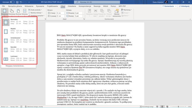 Microsoft Word: dostępne przykładowe ustawienia marginesów