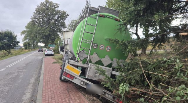Ciężarówka wypadła z drogi. Kierowca oczekuje na holownik (zdjęcia)