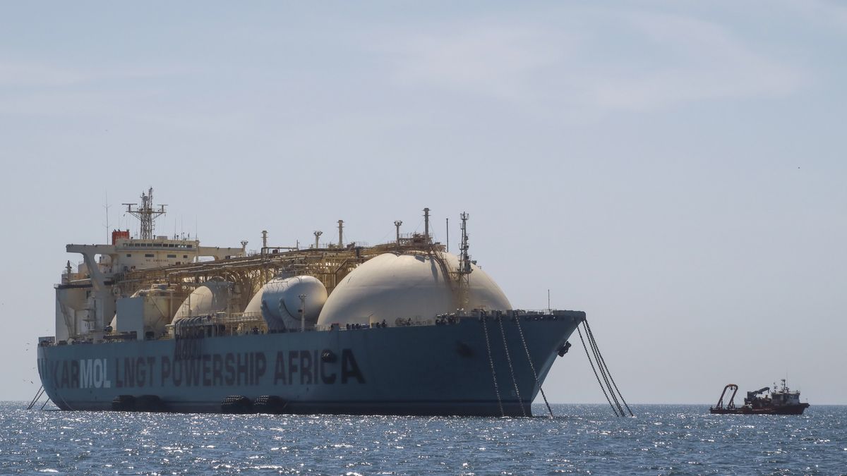 The Karmol LNGT Powership Africa floating storage and regasification unit (FSRU), operated by Karpowership, in the waters off the Port of Dakar in Dakar, Senegal, on Wednesday, Dec. 6, 2023. West Africa's growth slowed to 3.7% this year from 3.9% in 2022 due to the global economy and higher inflation, the Economic Community of West African States said. Photographer: Damian Lemaski/Bloomberg via Getty Images