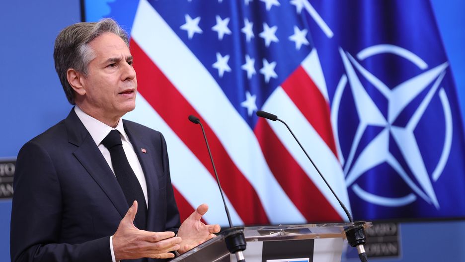 BRUSSELS, BELGIUM - APRIL 05: United States Secretary of State Antony Blinken holds a press conference after Foreign Ministers Meeting at the North Atlantic Treaty Organisation Headquarters in Brussels, Belgium on April 05, 2023. (Photo by Dursun Aydemir/Anadolu Agency via Getty Images)