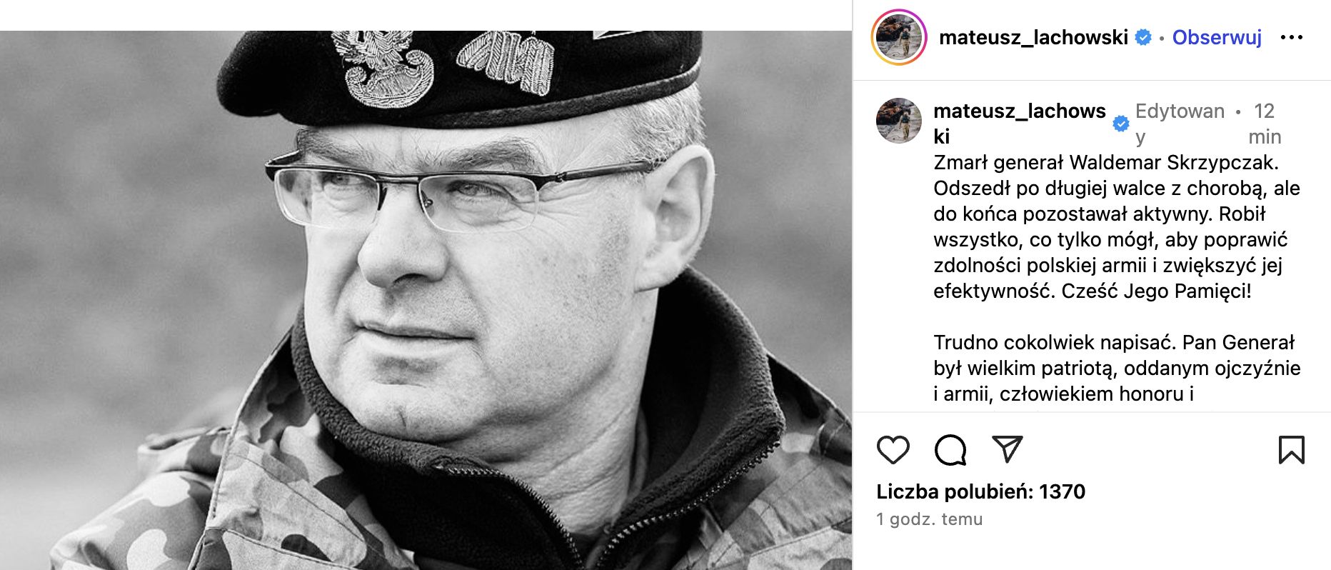 Mateusz Lachowski pożegnał generała Skrzypczaka