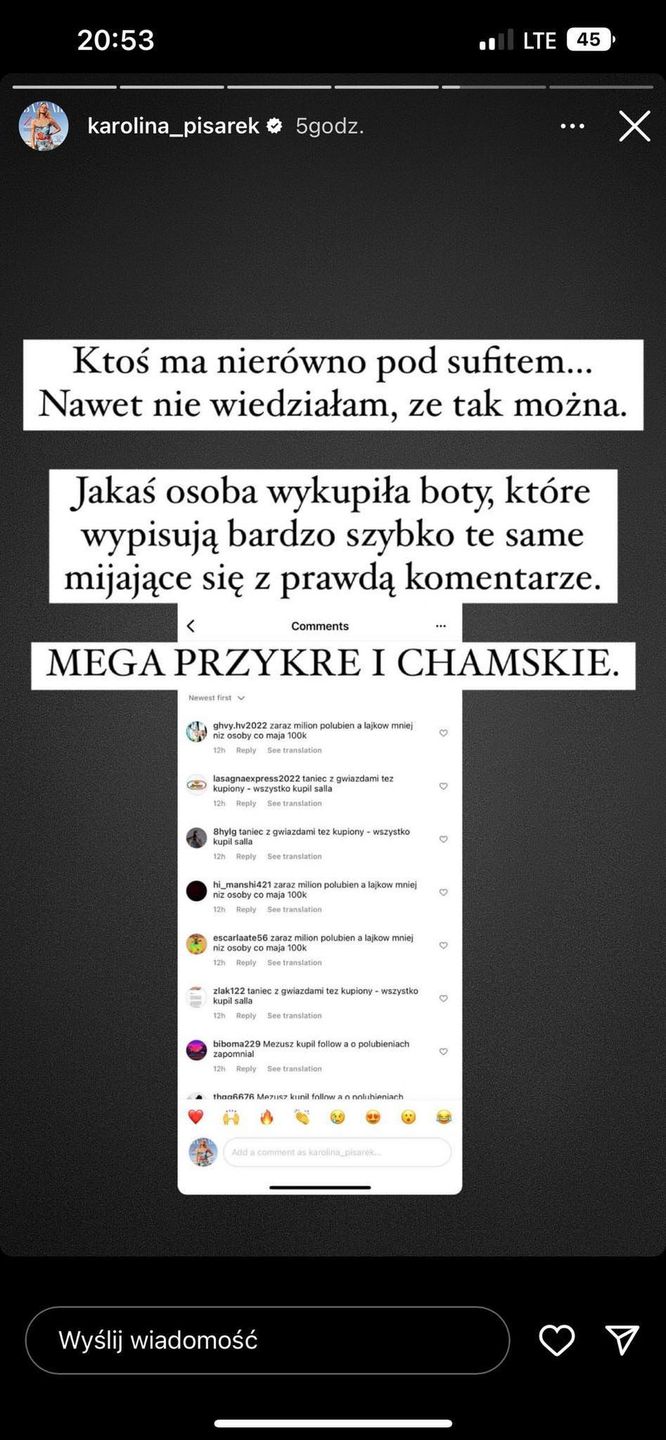 Karolina Pisarek pokazuje negatywne komentarze, które - jej zdaniem - piszą boty