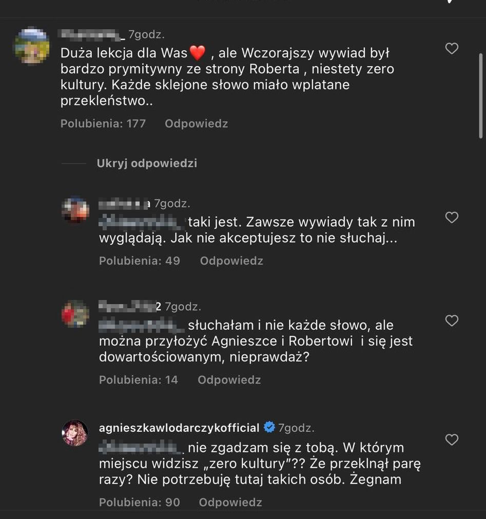 Agnieszka Włodarczyk dyskutuje z internautami pod wpisem o Robercie Karasiu