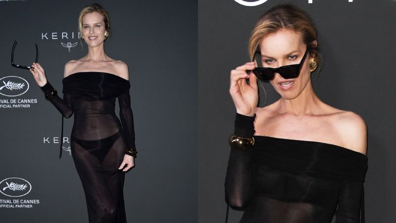 Eva Herzigova w prześwitującej kreacji prezentuje BIELIZNĘ na czarnym dywanie w Cannes (ZDJĘCIA)