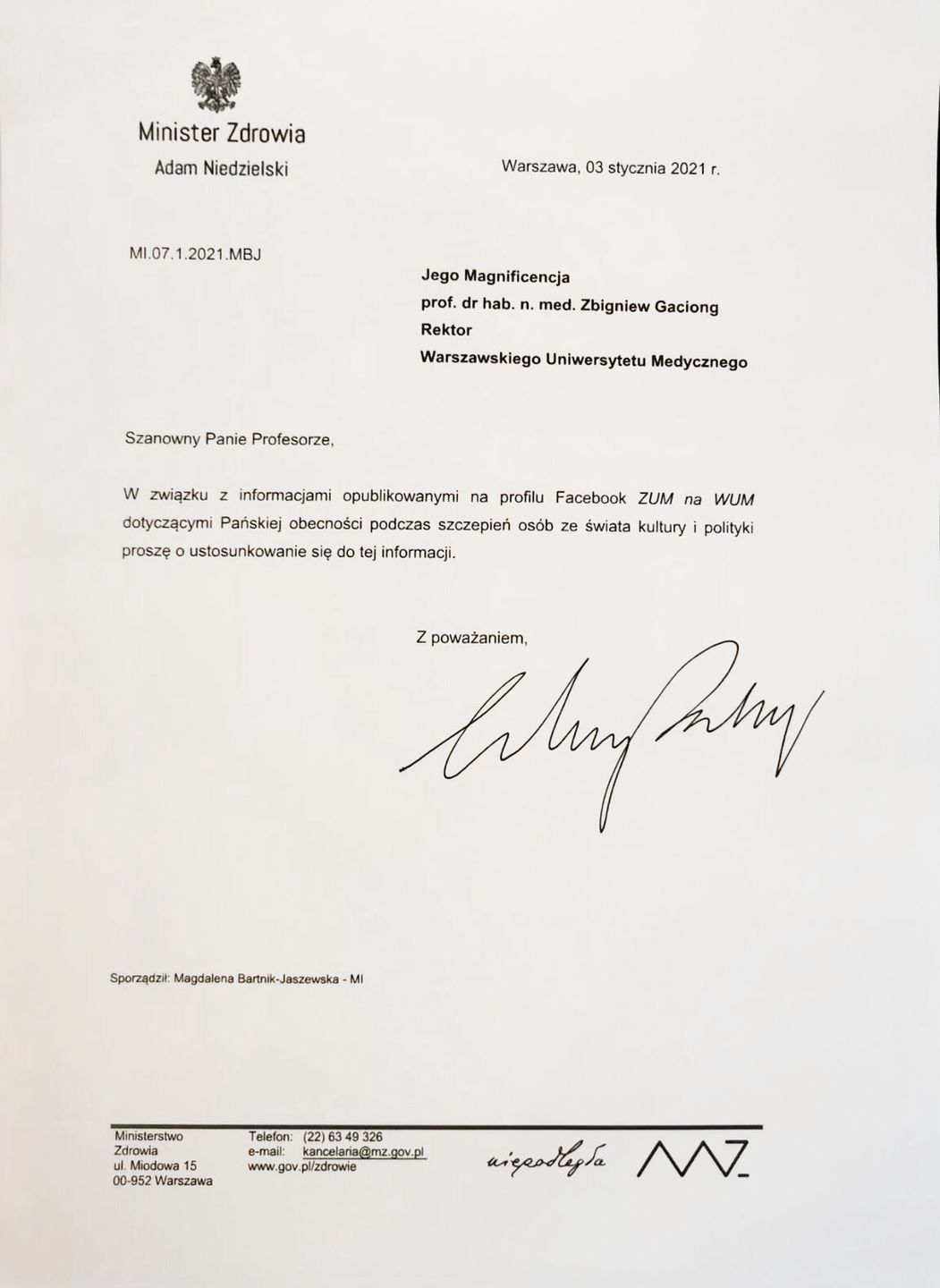 Minister zdrowia chce wyjaśnień od Rektora WUM (Twitter)