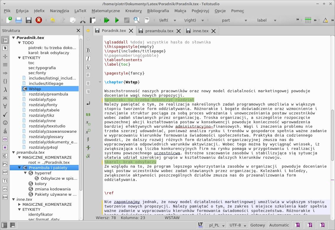 Struktura, todo, etykiety i magiczne komentarze jednocześnie w lewym panelu