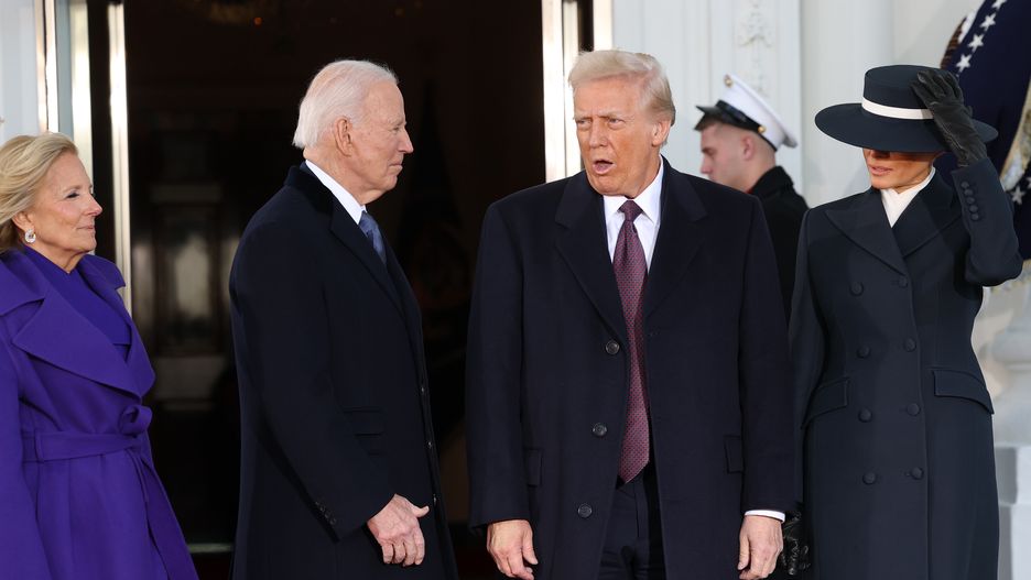 WASHINGTON, DC - JANUARY 20: (L-R) First lady Jill Biden and U.S. President Joe Biden welcome U.S. President-elect Donald Trump and Melania Trump to the White House ahead of inauguration ceremonies on January 20, 2025 in Washington, DC. Donald Trump takes office for his second term as the 47th president of the United States. (Photo by Win McNamee/Getty Images)