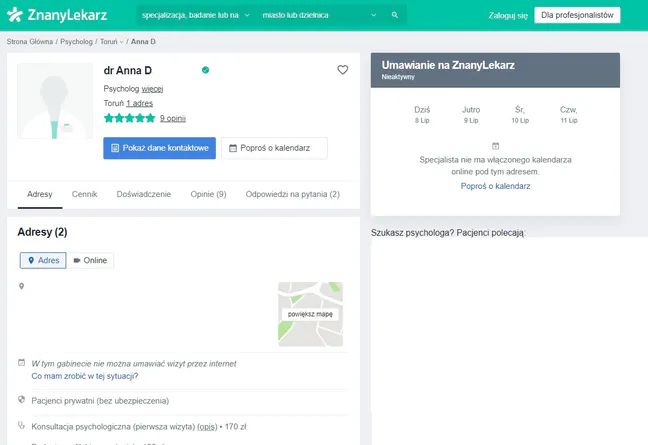 Profil Anny D. na portalu "Znany Lekarz". Teraz jest niedostępny