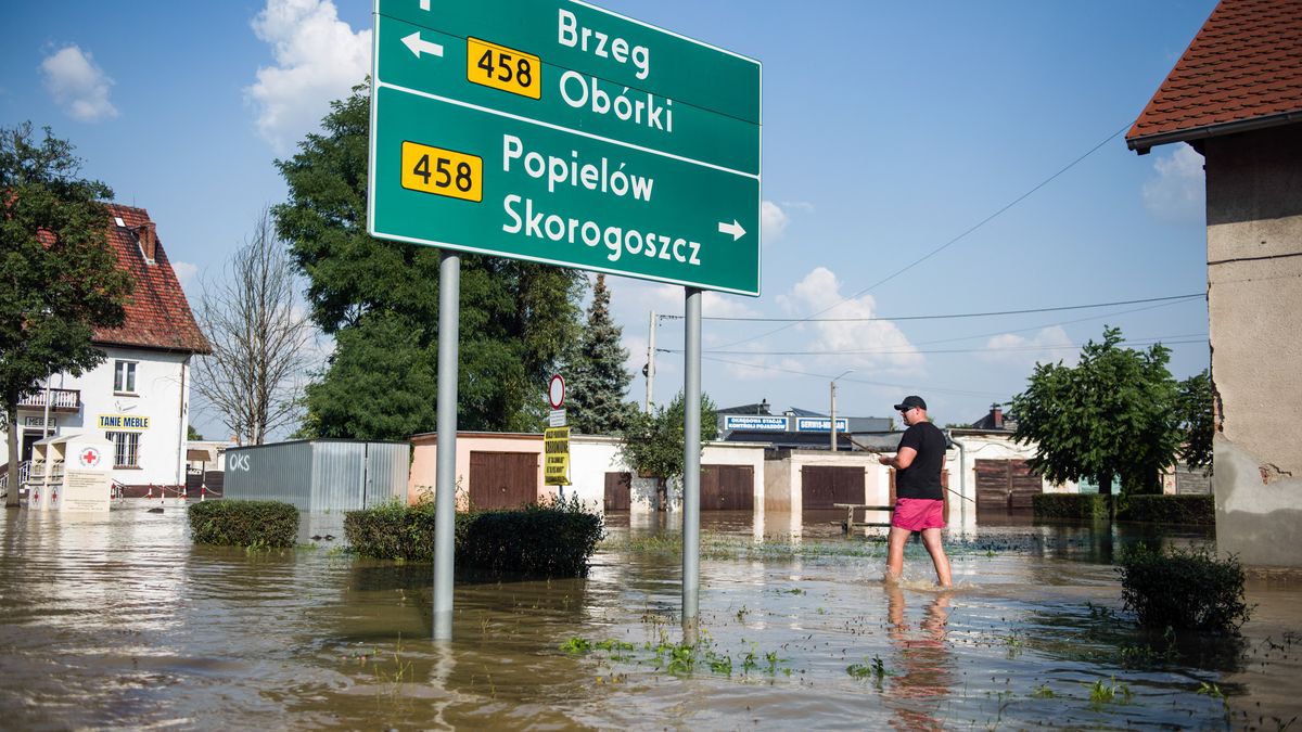 LEWIN BRZESKI, LOWER SILESIAN VOIVODESHIP, POLAND - 2024/09/18: A man stands on a flooded street in Lewin Brzeski city on south of Poland. In southwestern Poland, heavy rains and cyclones sweeping through central Europe have led to severe flooding. Rivers such as the Odra, Nysa Kodzka, and Bystrzyca experienced a sharp rise in water levels, causing numerous floods and the breach of flood embankments. Authorities are working to manage the situation, with ongoing efforts to prevent further damage. (Photo by Attila Husejnow/SOPA Images/LightRocket via Getty Images)