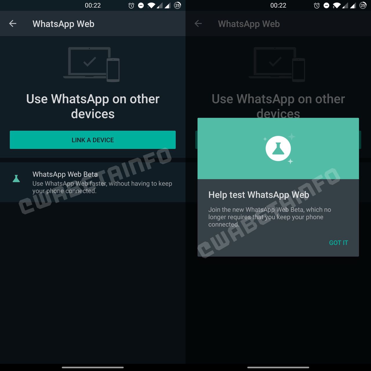 Zachęta do testowania WhatsAppa na kilku urządzeniach – jeszcze nieaktywna, fot. WABetaInfo.
