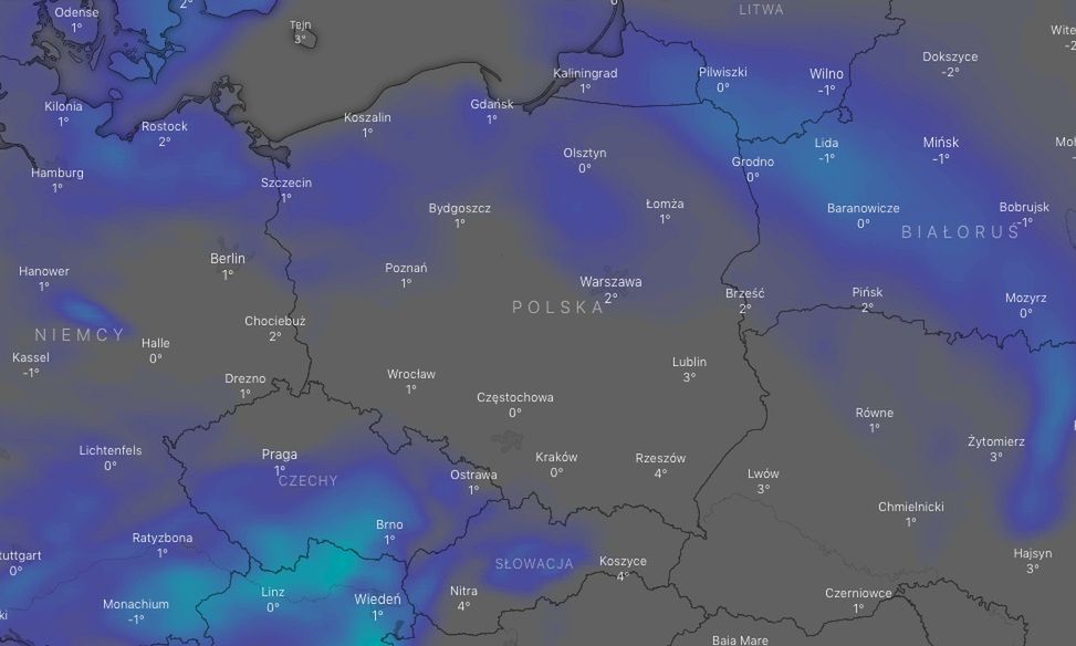 Pogoda. Opady śniegu w ciągu najbliższych 12 godzin (źródło: windy.com)