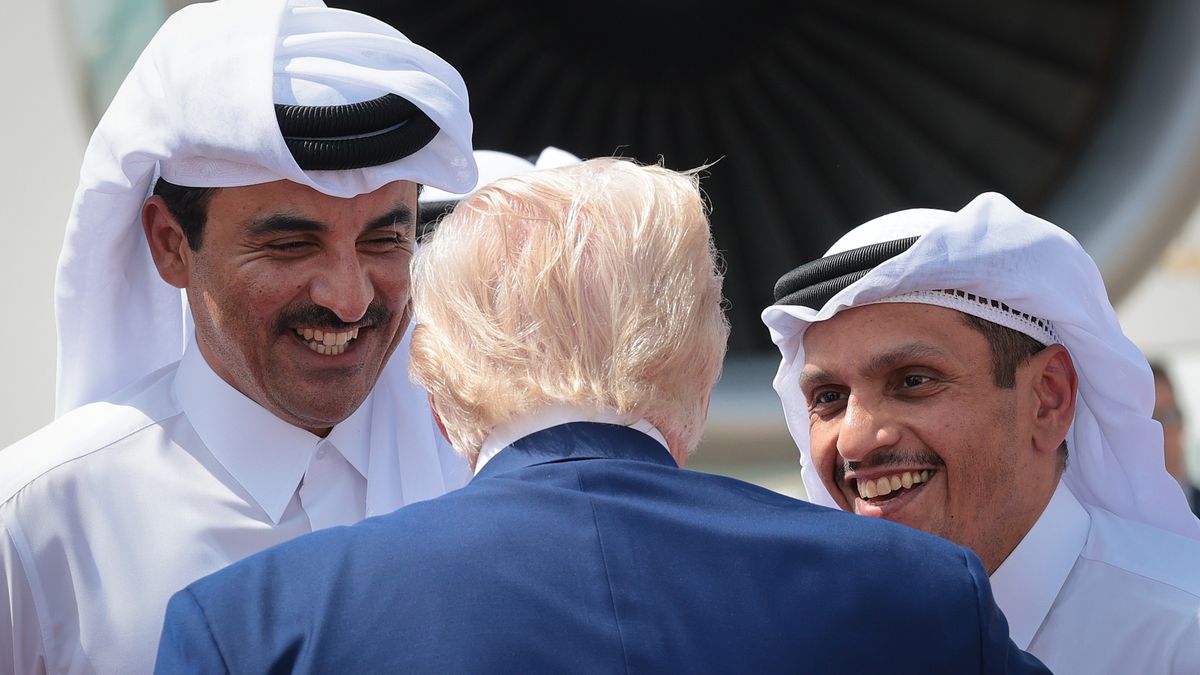 DOHA, QATAR  - MAY 15: U.S. President Donald J. Trump speaks with Emir of Qatar Tamim bin Hamad al Thani (L) and Mohammed bin Abdulrahman bin Jassim bin Jaber Al Thani (R), Prime Minister of Qatar, as he departs the Al Udeid Air Base for Abu Dhabi on May 15, 2025, in Doha, Qatar. Trump is on the third day of his visit to the Gulf to underscore the strategic partnership between the United States and Qatar, focusing on regional security and economic collaboration and will visit Abu Dhabi, United Arab Emirates next. (Photo by Win McNamee/Getty Images)