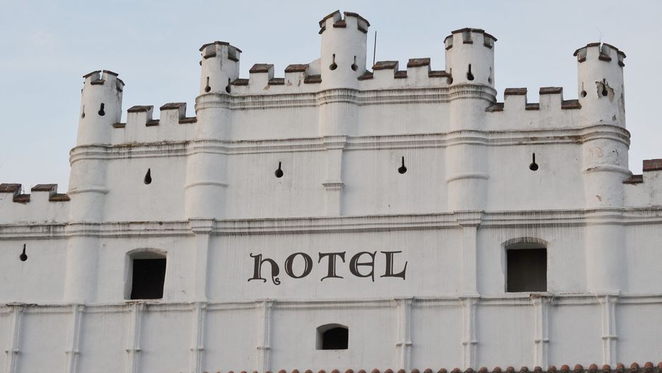 gable roofs of the old historical building, the hotel Bily Konicek, the city Trebon, South Bohemia