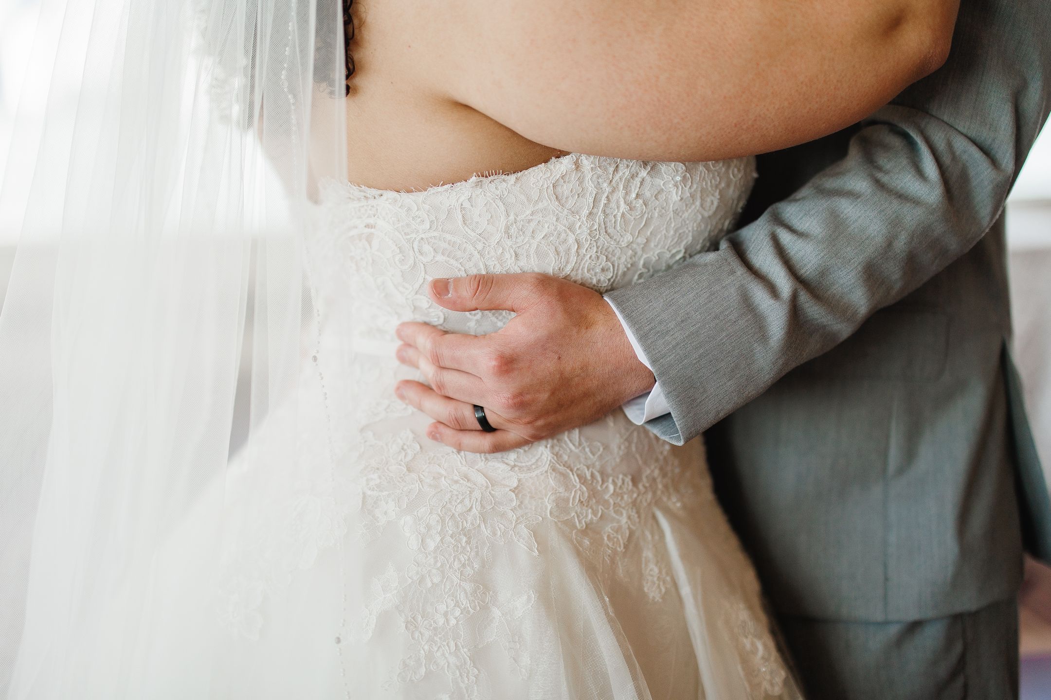 bride, wedding, dress, hand, hands, woman, love, bridal, marriage, beauty, ring, gown, couple, groom, married, fashion, fingers, people, finger, clothing, celebration, plus size bride, hugging, bride and groom, close up, grey suit, newlyweds
