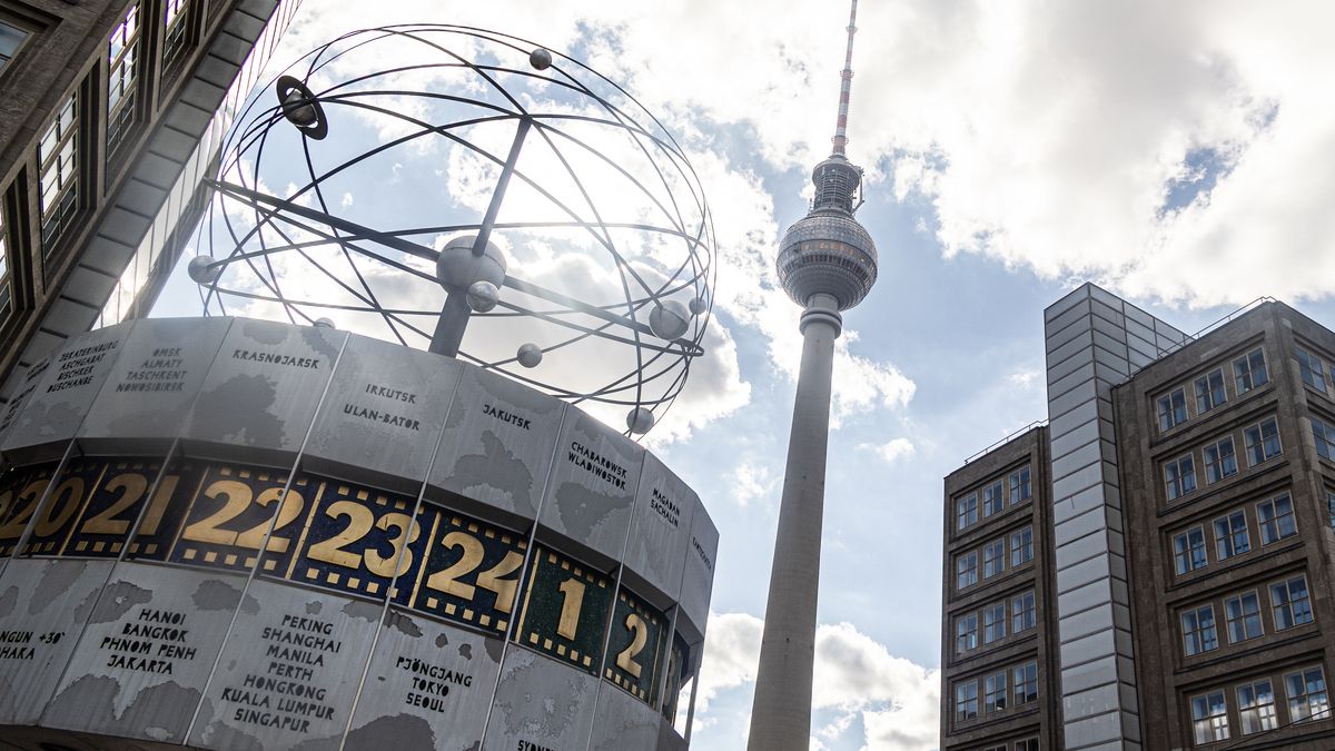 A view of The World Clock (German: Weltzeituhr) and The Fernsehturm (English: Television Tower) at Alexanderplatz in Berlin, Germany, on August 18, 2025. (Photo by Kristian Tuxen Ladegaard Berg/NurPhoto via Getty Images)