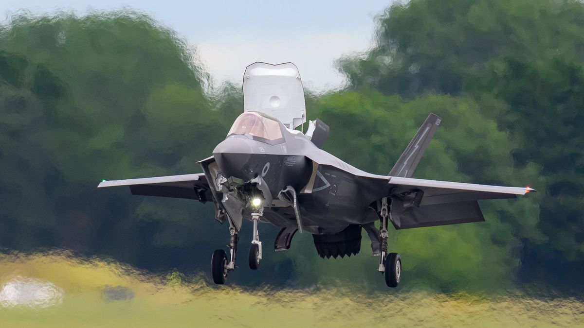 A Royal Air Force Lockheed Martin F-35B Lightning II is participating in the Royal International Air Tattoo at RAF Fairford in Gloucestershire, England, on July 20, 2024. (Photo by Jon Hobley | MI News) (Photo by MI News/NurPhoto via Getty Images)