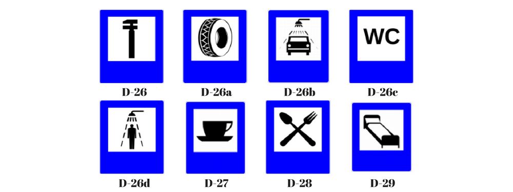 Stacja obsługi technicznej (D-26); Wulkanizacja (D-26A); Myjnia (D-26B); Toaleta publiczna (D-26C); Natrysk (D-26D); Bufet lub kawiarnia (D-27); Restauracja (D-28); Hotel (motel) (D-29)
