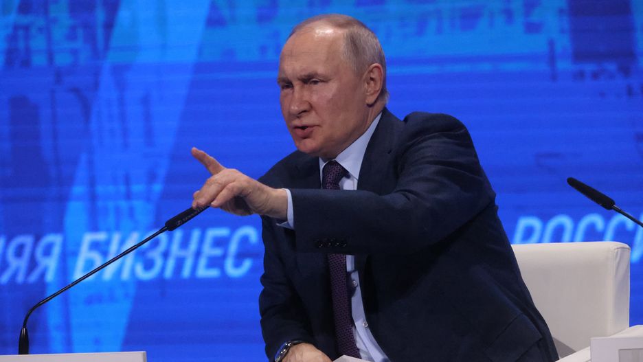 MOSCOW, RUSSIA - MARCH,16 (RUSSIA OUT) Russian President Vladimir Putin gestures during the congress of Russian Union of Industrialists and Entrepreneurs (RSPP), March,16,2023, in Moscow, Russia. Putin met top Russian businessmen and billionaires to talk about economic problems resulting from the santions and military invasion of Ukraine. (Photo by Contributor/Getty Images)