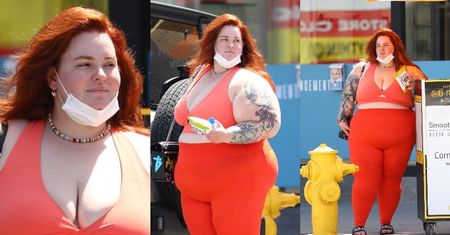 Naturalna Tess Holliday eksponuje kształty w legginsach i kusym topie, załatwiając sprawunki na mieście (ZDJĘCIA)